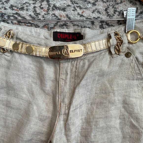 Vintage Womens Wide Leg Pants Beige Size 42 Triple=A Gold Belt Boho Lagenlook - Picture 2 of 16